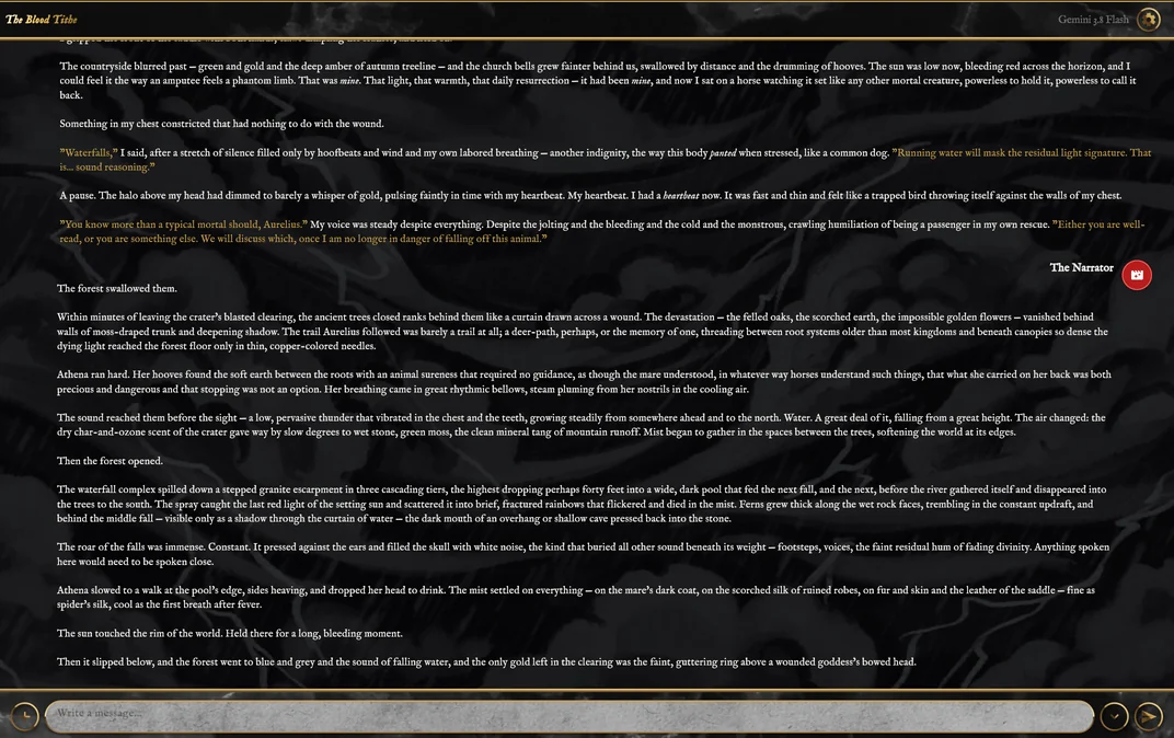 A chat on Windows: the character's reply, with spoken lines in gold, then a long passage from the Narrator describing a ride through a forest to a waterfall at sunset.