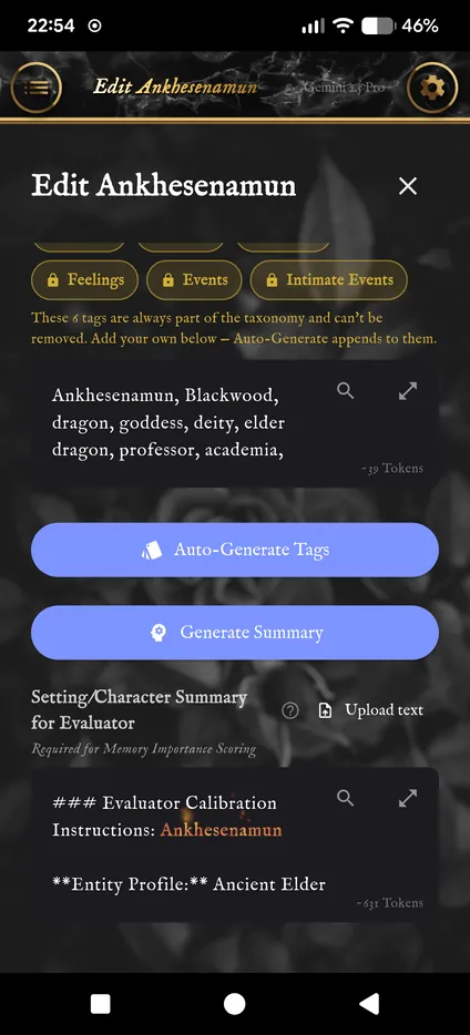 The Global Taxonomy Tags with Ankhesenamun's own tags, the Generate buttons, and the Setting/Character Summary for Evaluator.