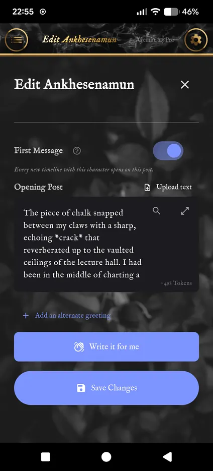 The First Message switch, the Opening Post, Add an alternate greeting, Write it for me and Save Changes.