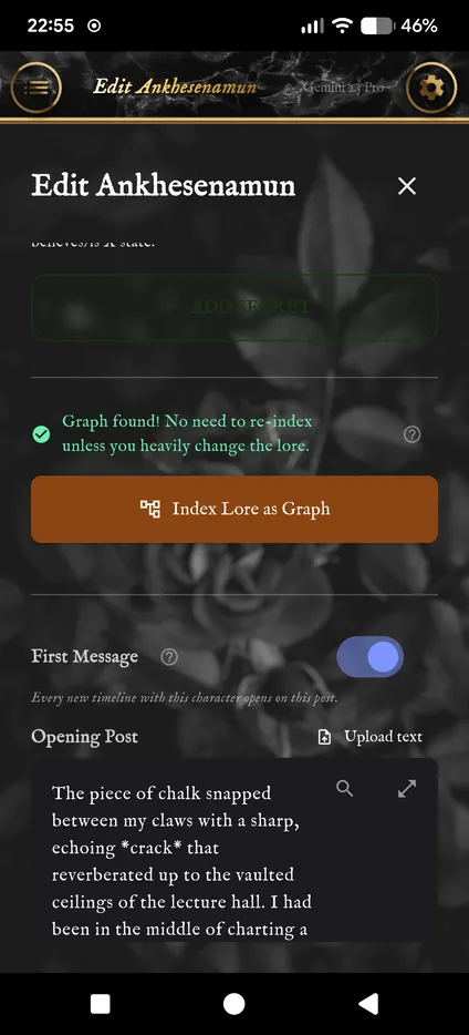 Graph found, the Index Lore as Graph button, and the First Message switch with Ankhesenamun's opening post.