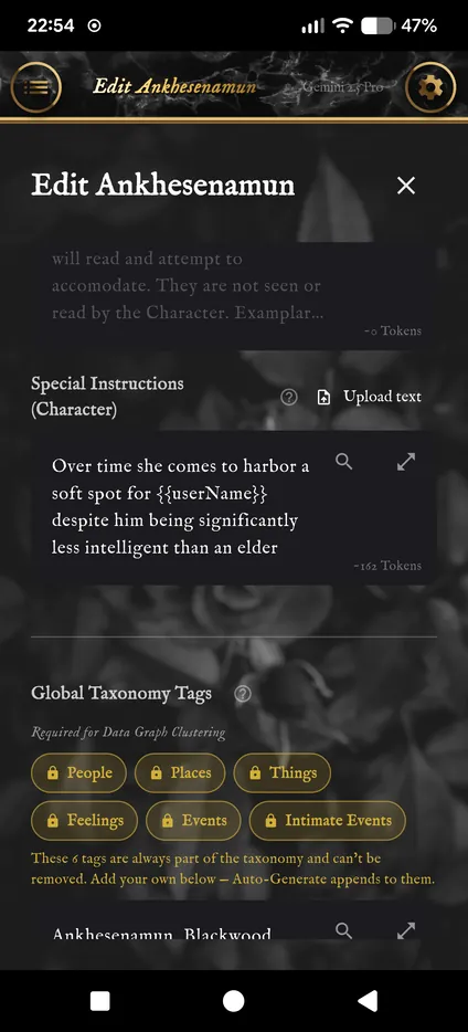The Special Instructions (Character) field with instructions for Ankhesenamun, and the Taxonomy Tags below.