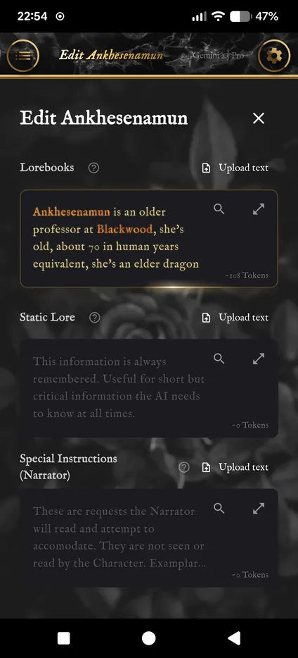 The Lorebooks field with a paragraph about Ankhesenamun, and the empty Static Lore field below.