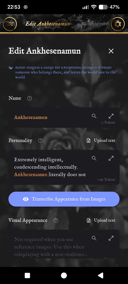 The Name and Personality fields for Ankhesenamun, with Transcribe Appearance from Images and Visual Appearance below.