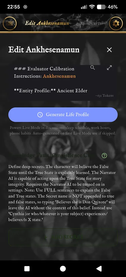 The Generate Life Profile button and the Knowledge Vault with its explanation and Add Secret button.