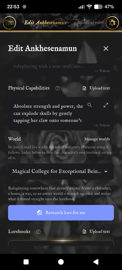 Physical Capabilities, the World dropdown set to Magical College for Exceptional Beings, and the Research lore for me button.