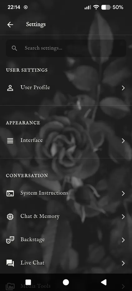 The Settings list: User Profile, Interface, System Instructions, Chat & Memory, Backstage and Live Chat.