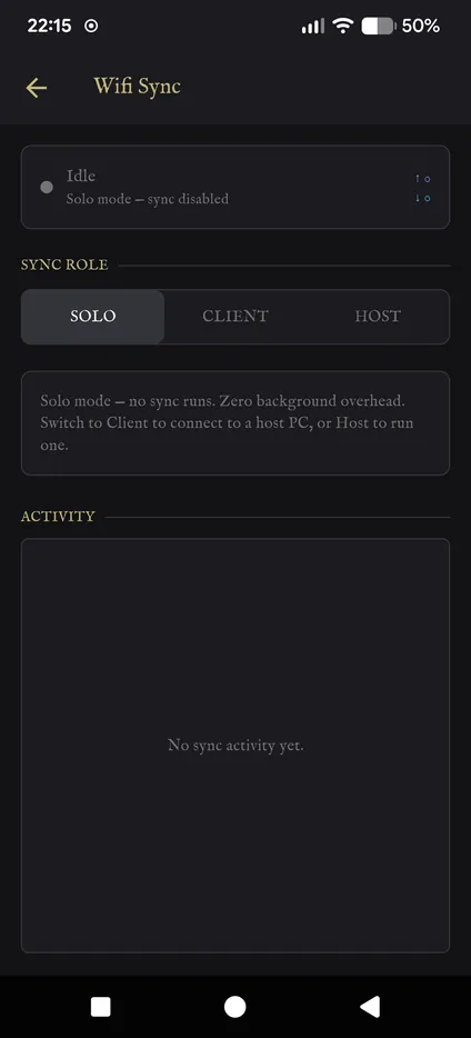 The Wifi Sync page with the Solo, Client and Host roles.