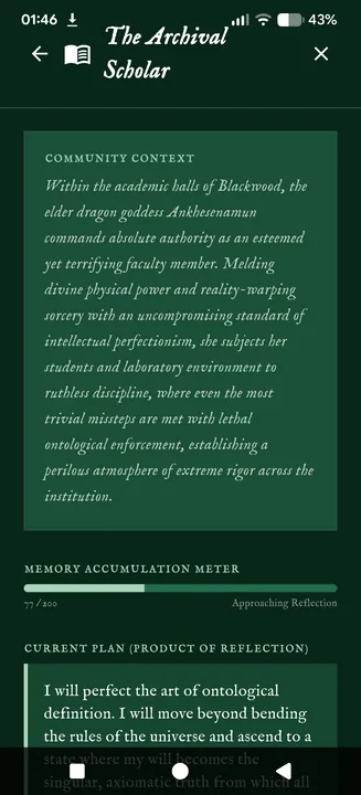 A community of connected memories summed up, the meter counting toward the character's next reflection, and the plan her last reflection produced.