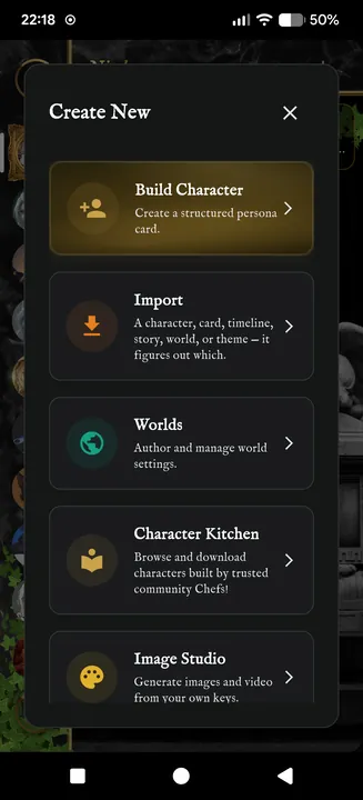 The Create New menu: build a character, import one, author a world, open the Character Kitchen or Image Studio.