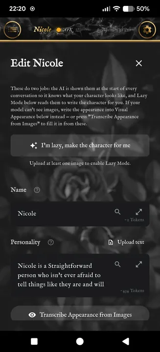The character editor, with Lazy Mode, which writes a character from its pictures.
