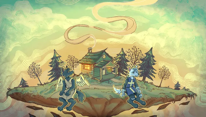 The key art without the title, as the app's loading screen on a computer: Aurelius and Nicholas on their island.