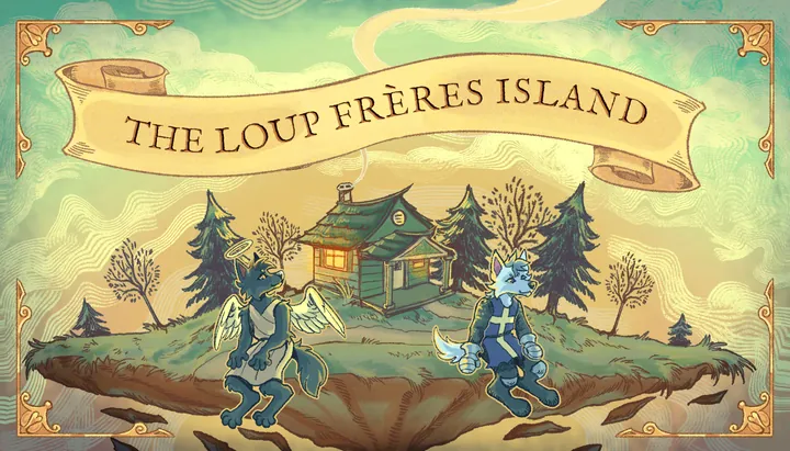 The title card: Aurelius and Nicholas before their cabin on a floating island, with the name on a scroll above them.