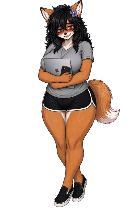 Mabel with her laptop and phone.