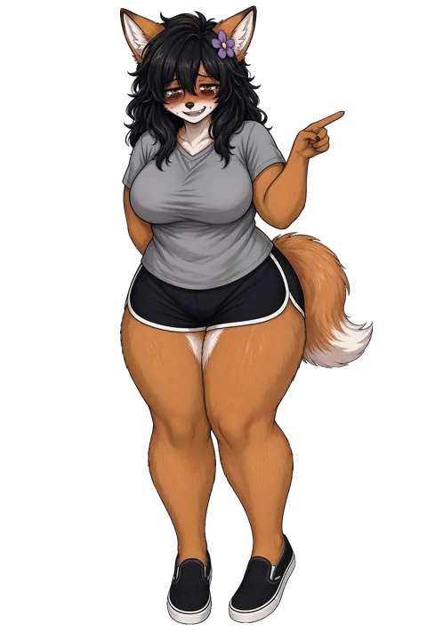 Mabel, the island's fox, pointing.
