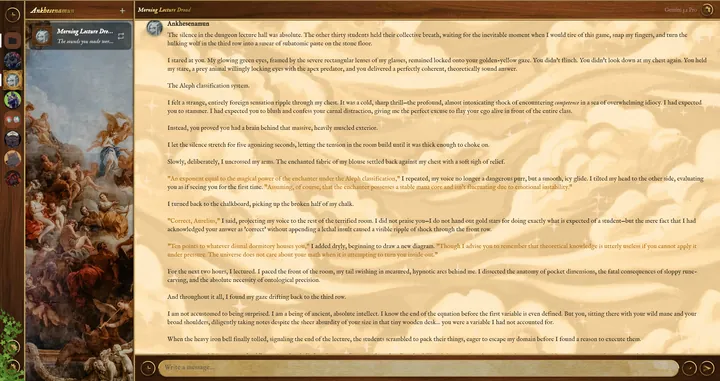 A chat on Windows: the characters on the left, their timelines beside them, and the conversation.