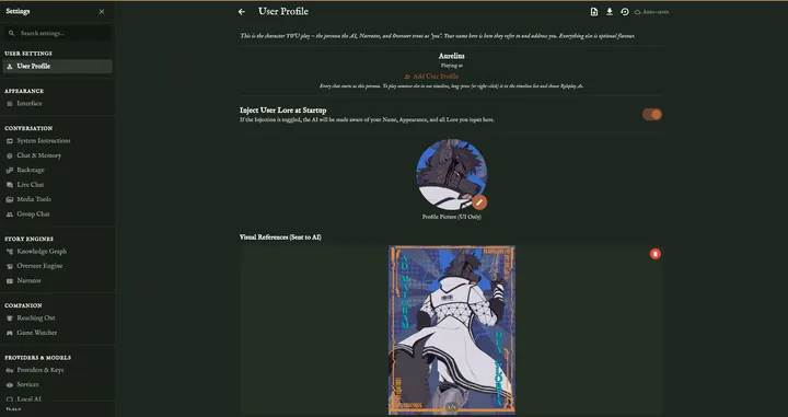 The player's own profile, the character they play, beside the full list of settings.