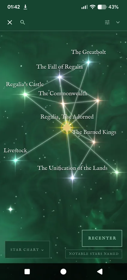 The Constellation view: named stars joined by lines over a green nebula.