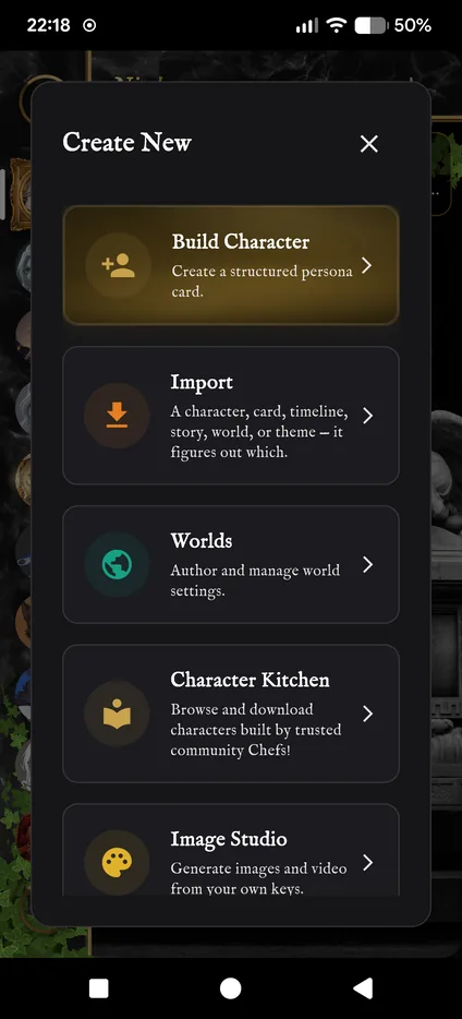 The Create New menu with Build Character, Import, Worlds, Character Kitchen and Image Studio.