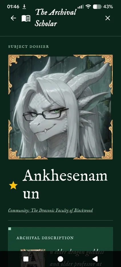 A dossier page with a framed portrait and the entry's community.