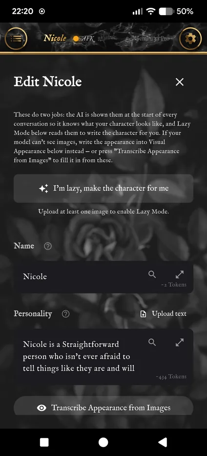 The character editor with the Lazy Mode button, the name and the personality.
