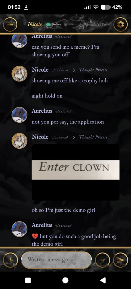 A Live Chat where the character answers a request for a meme with one.