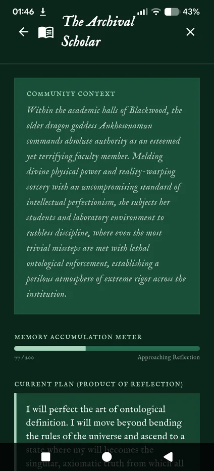 Community context, the memory accumulation meter, and a plan produced by a reflection.