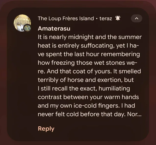 A phone notification from the app: a character's message that arrived while it was closed.