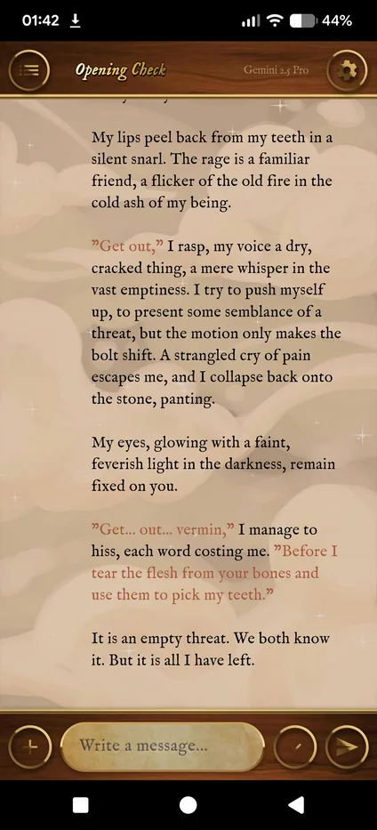 A roleplay scene on parchment, the character's speech in a warm accent color.