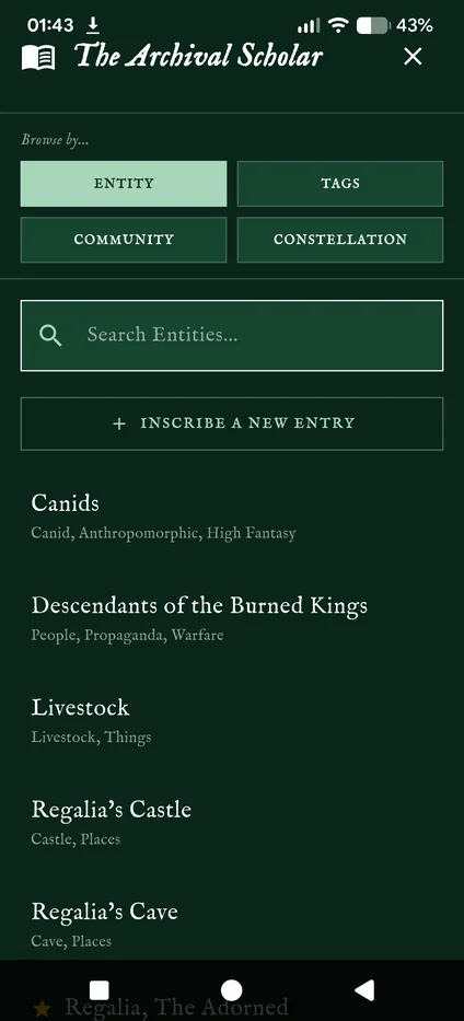 The Archival Scholar's entry list with browse modes and a search box.