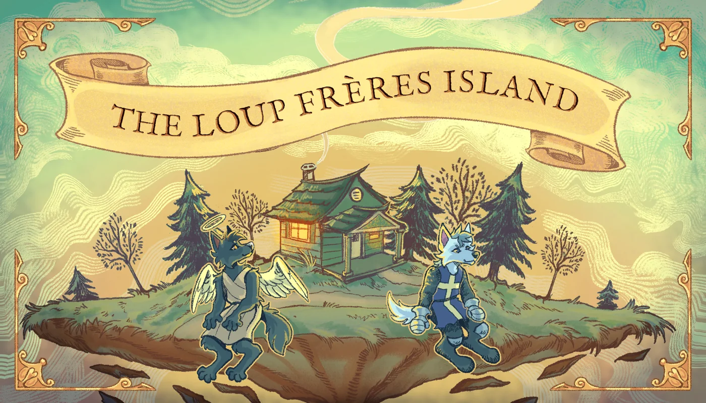 The Loup Frères Island: two wolves, one winged with a halo and one in a blue tabard, before a lit cabin on a floating island, the name on a scroll above them.