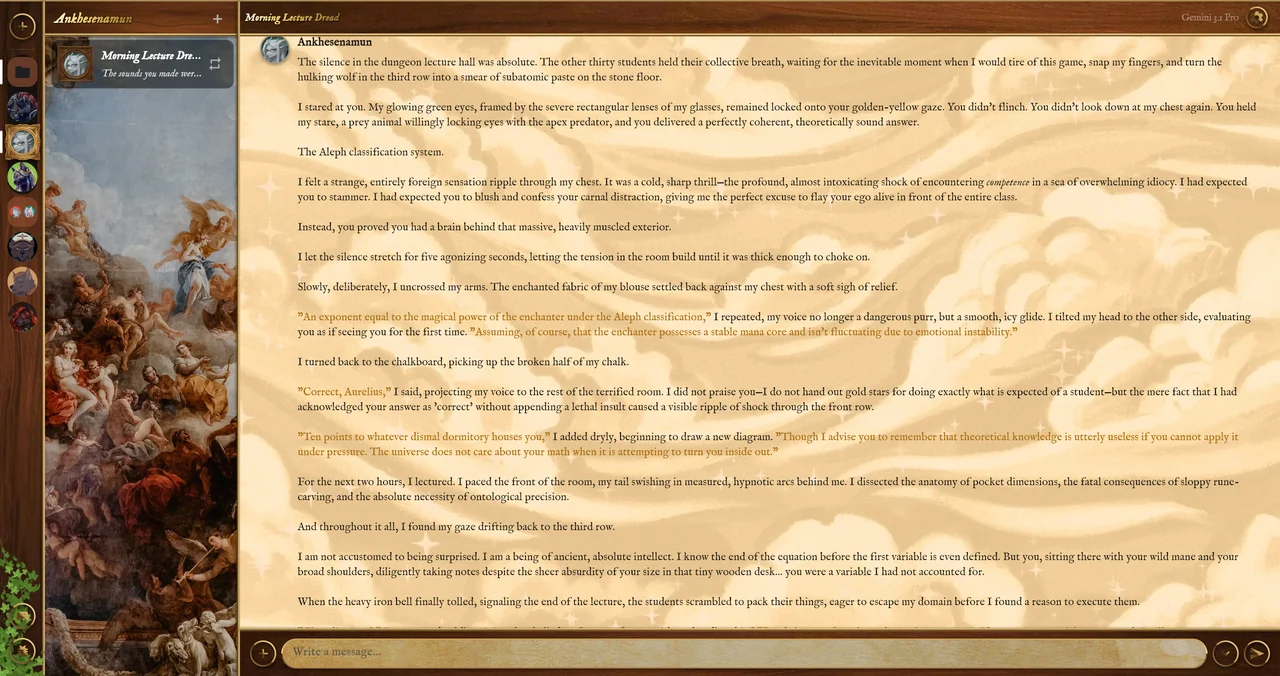 The Windows app on the cloud background: the character rail on the left, the timeline "Morning Lecture Dread" beside it, and a long reply from Ankhesenamun with her spoken lines in gold.